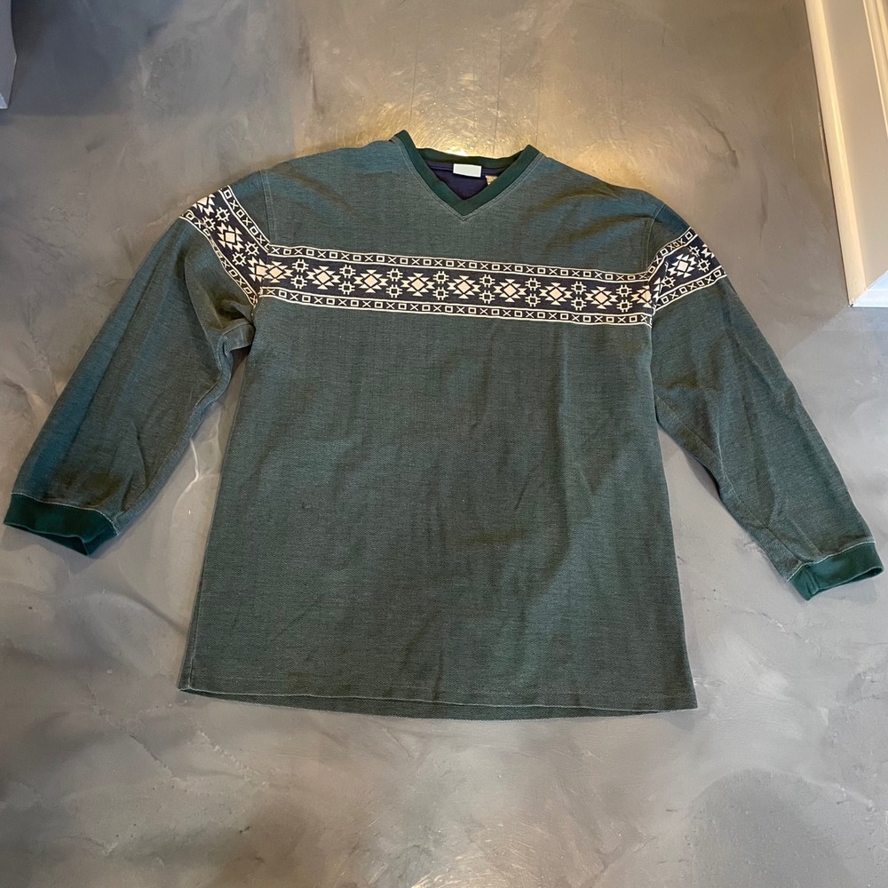 VTG Bugle Boy Mens Green Fair‎ Isle V Neck Long Sleeve Pullover Shirt XXL